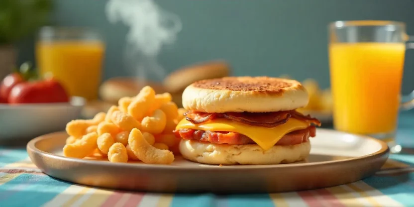 Homemade McDonald’s-style breakfast with sandwich, hash browns, mini pancakes, and orange juice on a bright kitchen table.
