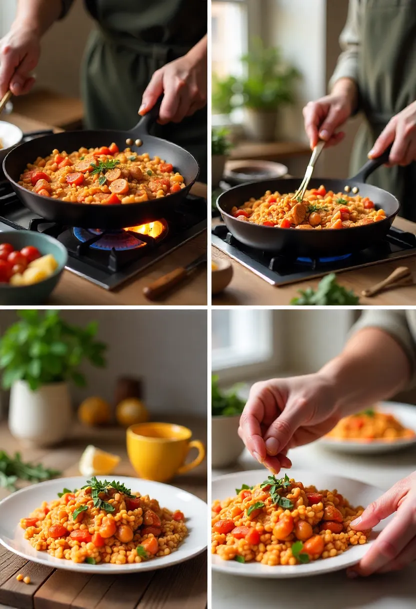 Containers and skillet of Spanish meat and tomato rice showing fridge, freezer storage, reheating, and leftover meal ideas.