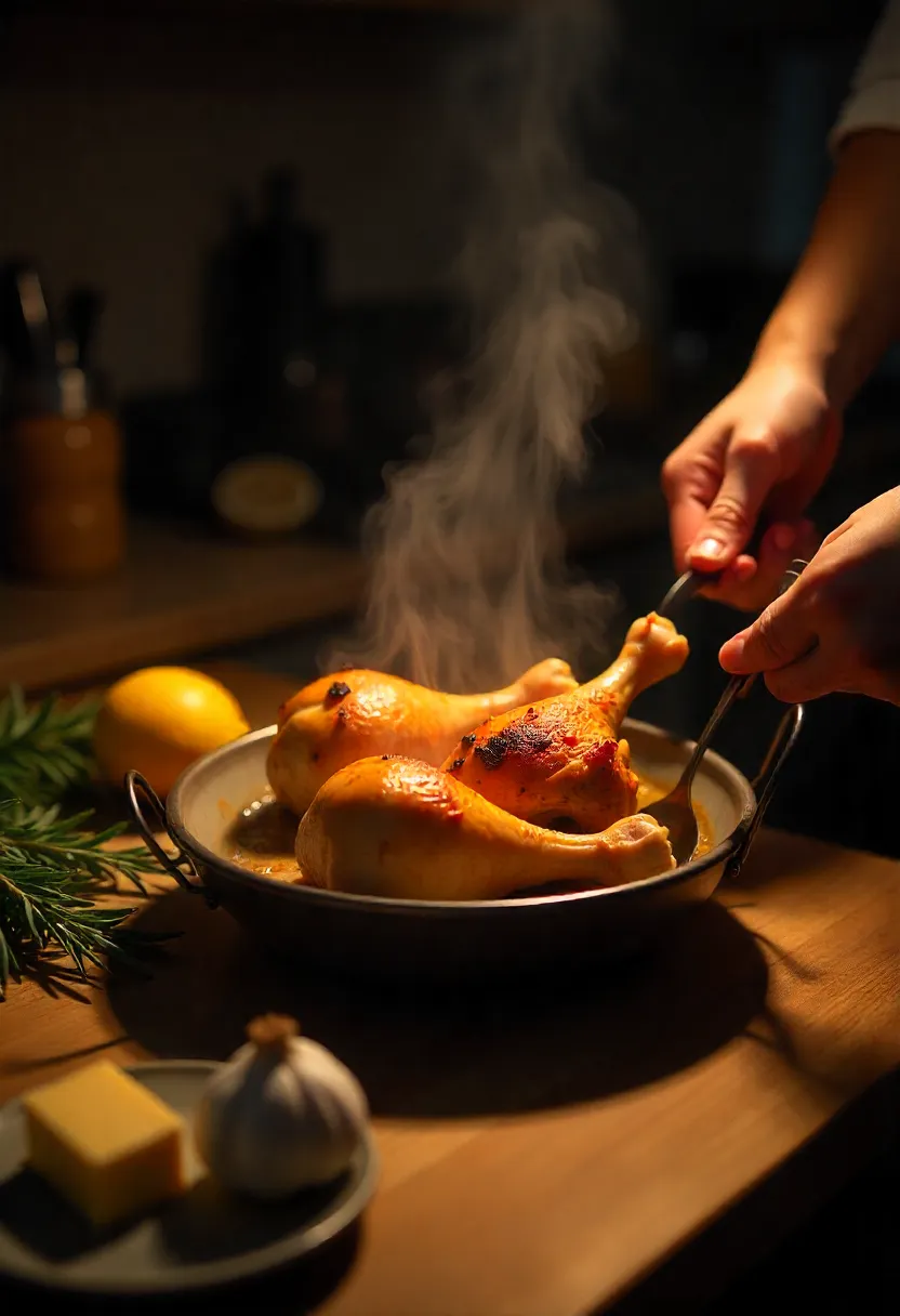 Person taking golden herb-roasted turkey legs out of the oven in a cozy kitchen with fresh herbs.
