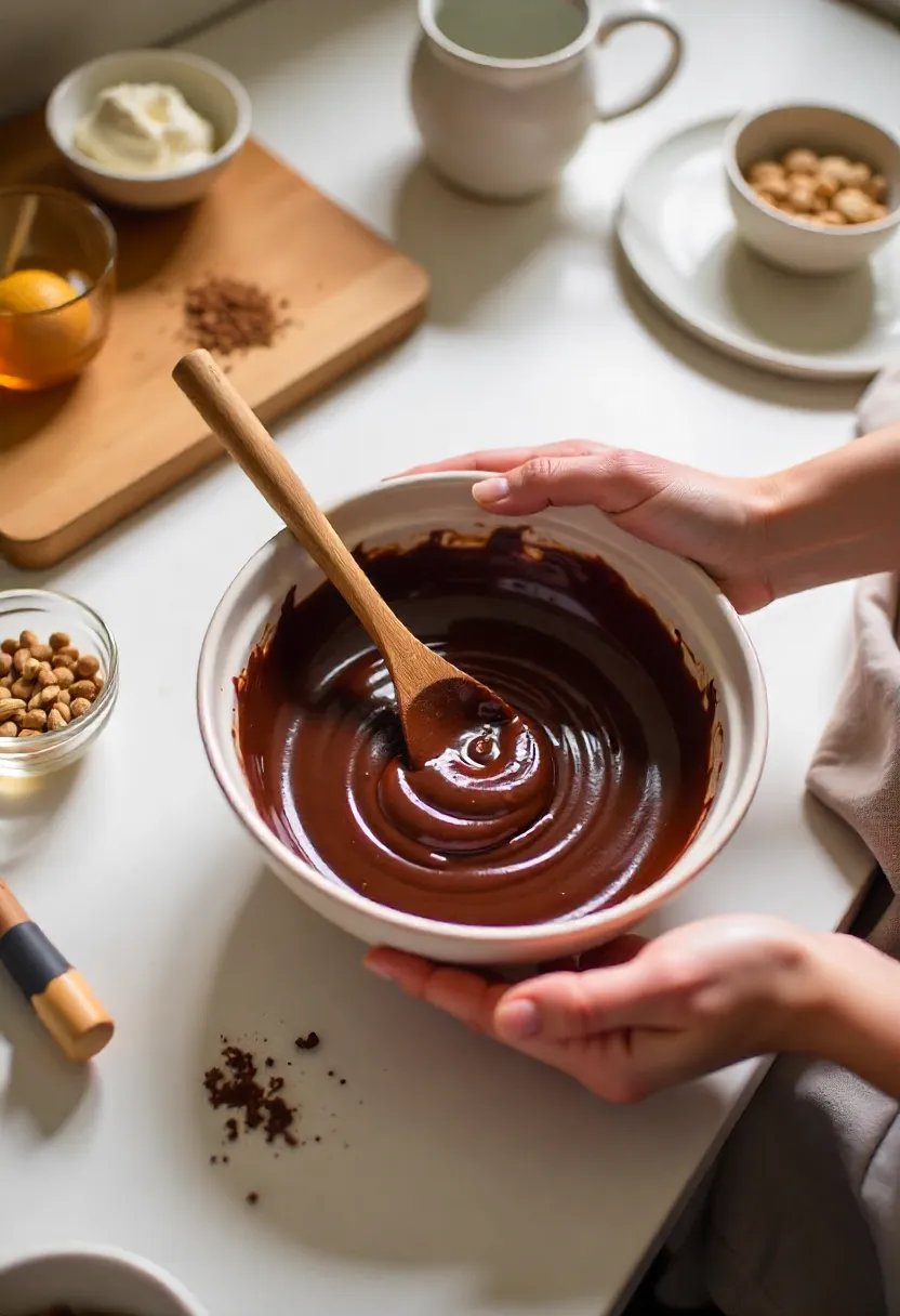 Hands mixing a no-bake cacao dessert in a cozy kitchen surrounded by ingredients and natural light.