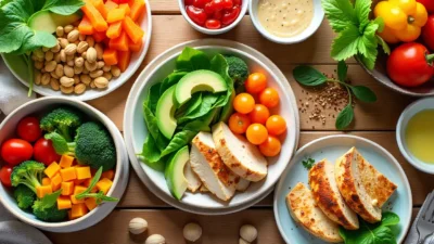 Bright low-carb lunch with vegetables, protein, avocado, and nuts on a wooden table.