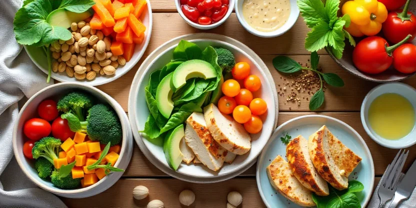 Bright low-carb lunch with vegetables, protein, avocado, and nuts on a wooden table.