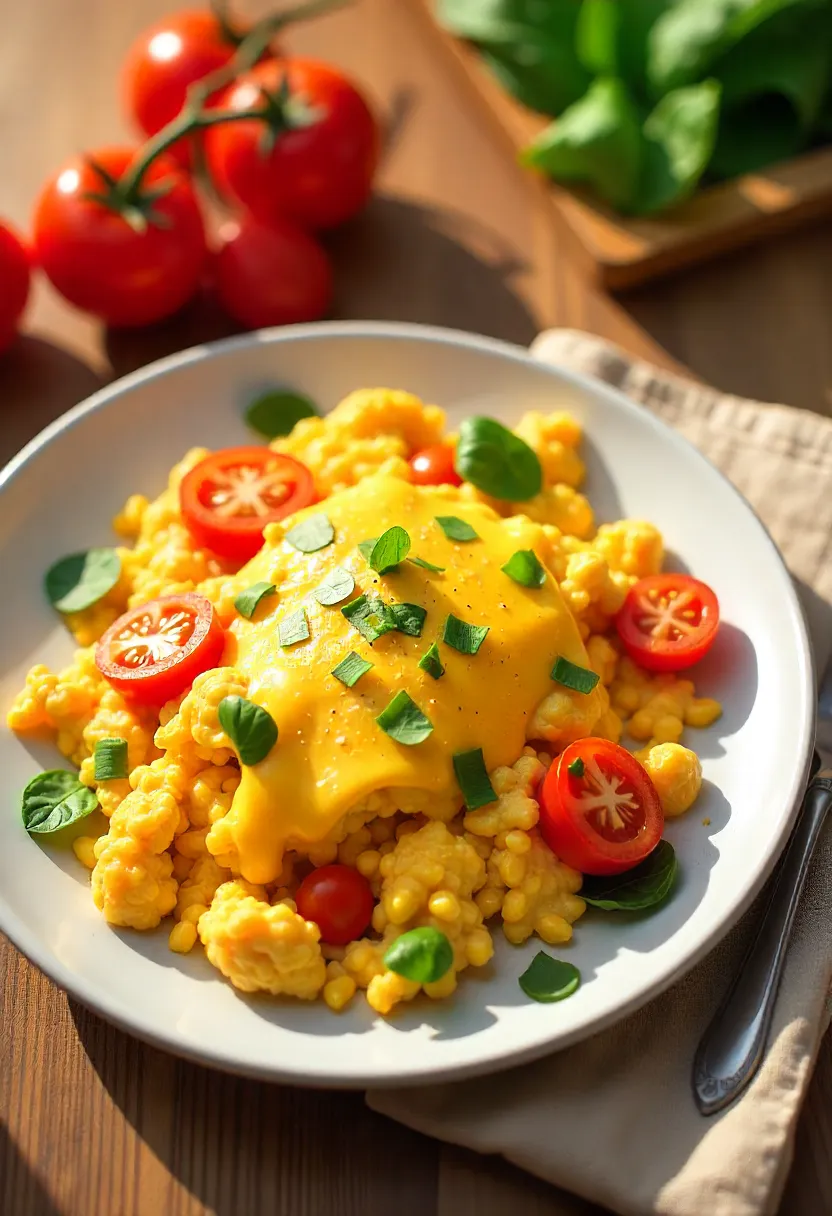 Cheesy tomato scramble with eggs, cheese, tomatoes, herbs, and vegetables showing a nutritious and balanced breakfast.