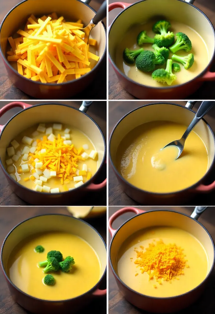 Collage showing key tips for creamy broccoli cheddar soup, including shredding cheese, cooking broccoli, and blending for smooth texture.