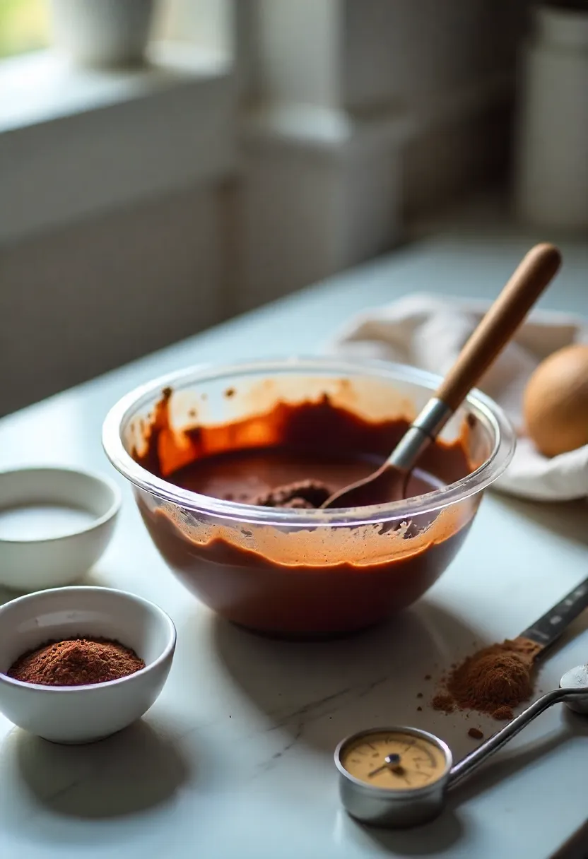 Mixing bowl with no-bake cacao dessert ingredients and utensils, showing careful preparation tips.