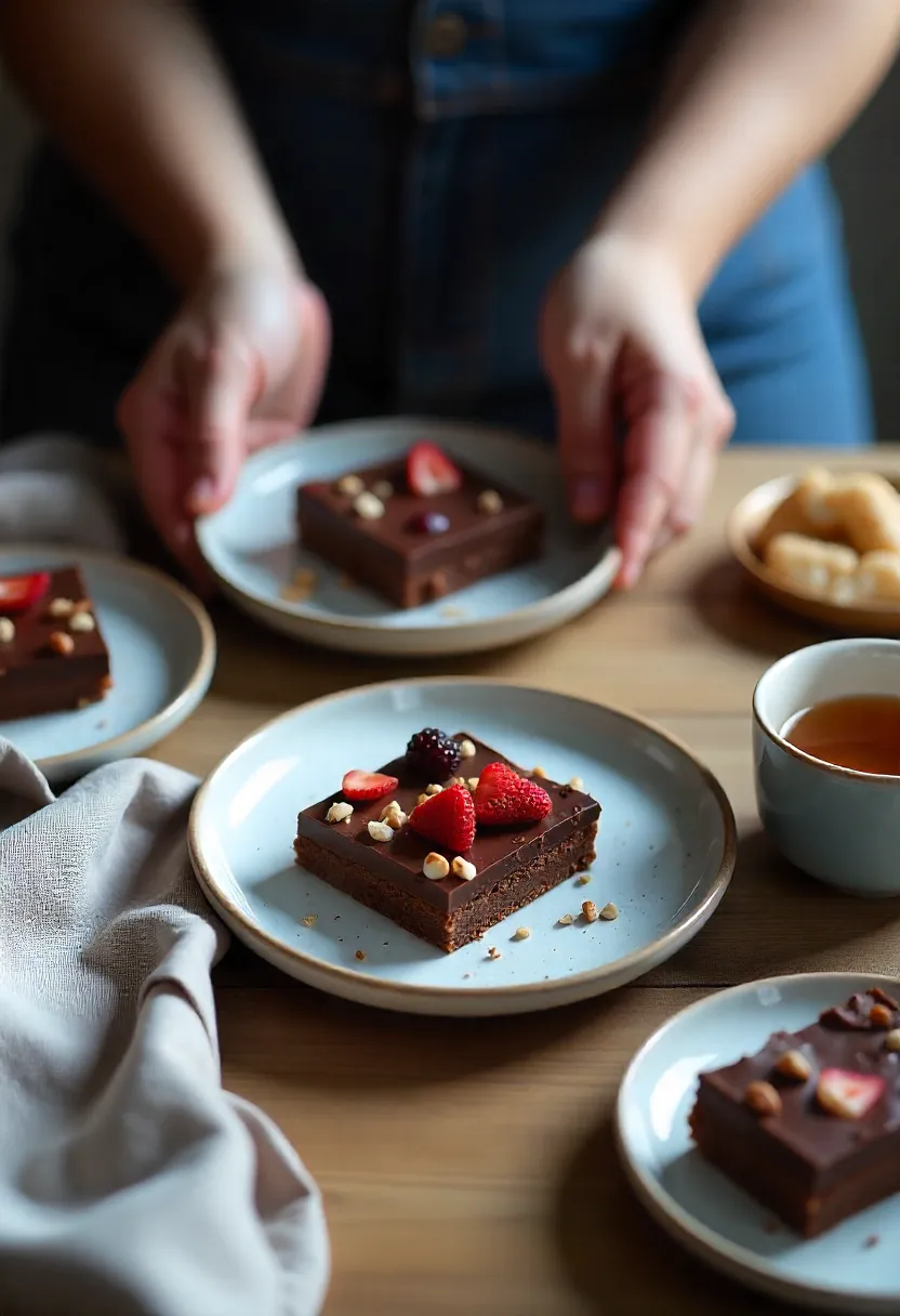 Different variations of no-bake cacao dessert squares on plates, with hands arranging them for sharing.