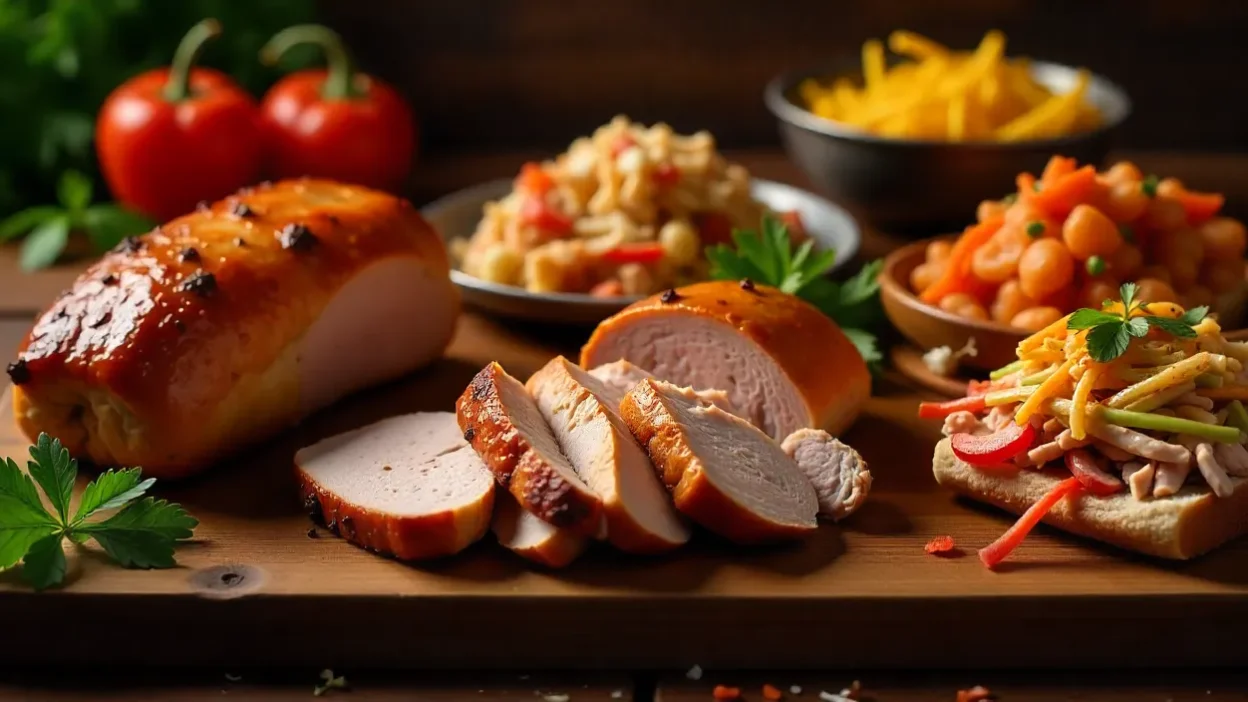A colorful assortment of pork dishes on a rustic wooden table with herbs and vegetables.