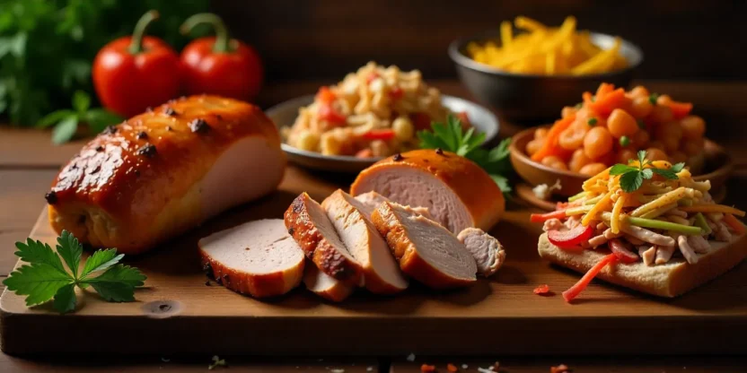 A colorful assortment of pork dishes on a rustic wooden table with herbs and vegetables.