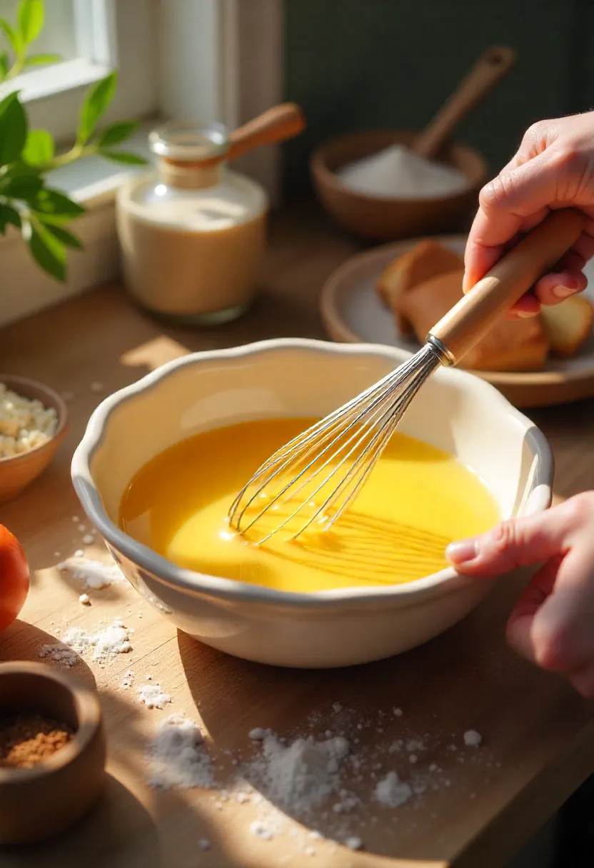 Hands whisking honey cake batter in a bowl with spices and flour, evoking the warmth of home baking.