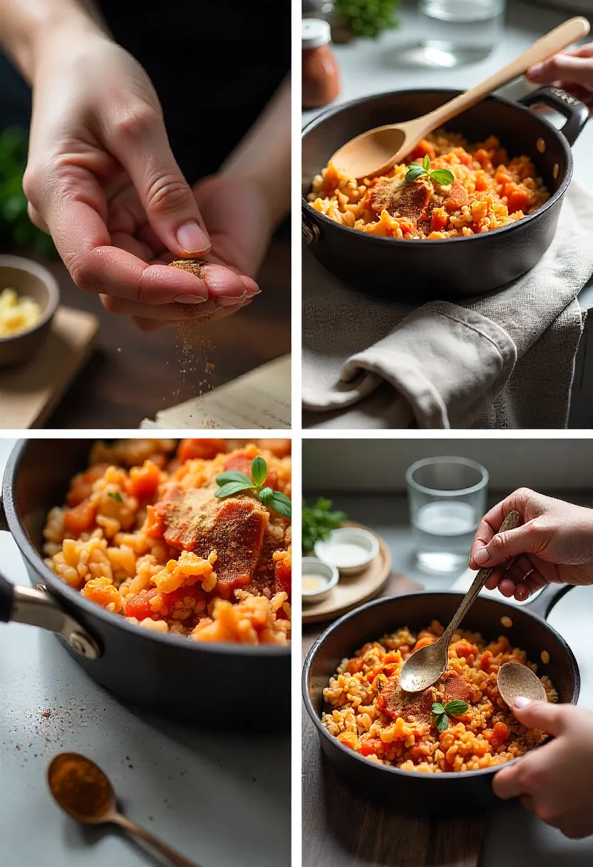 Skillet of Spanish meat and tomato rice with a tasting spoon, notebook, and spices, showing kitchen tips and cooking rituals.