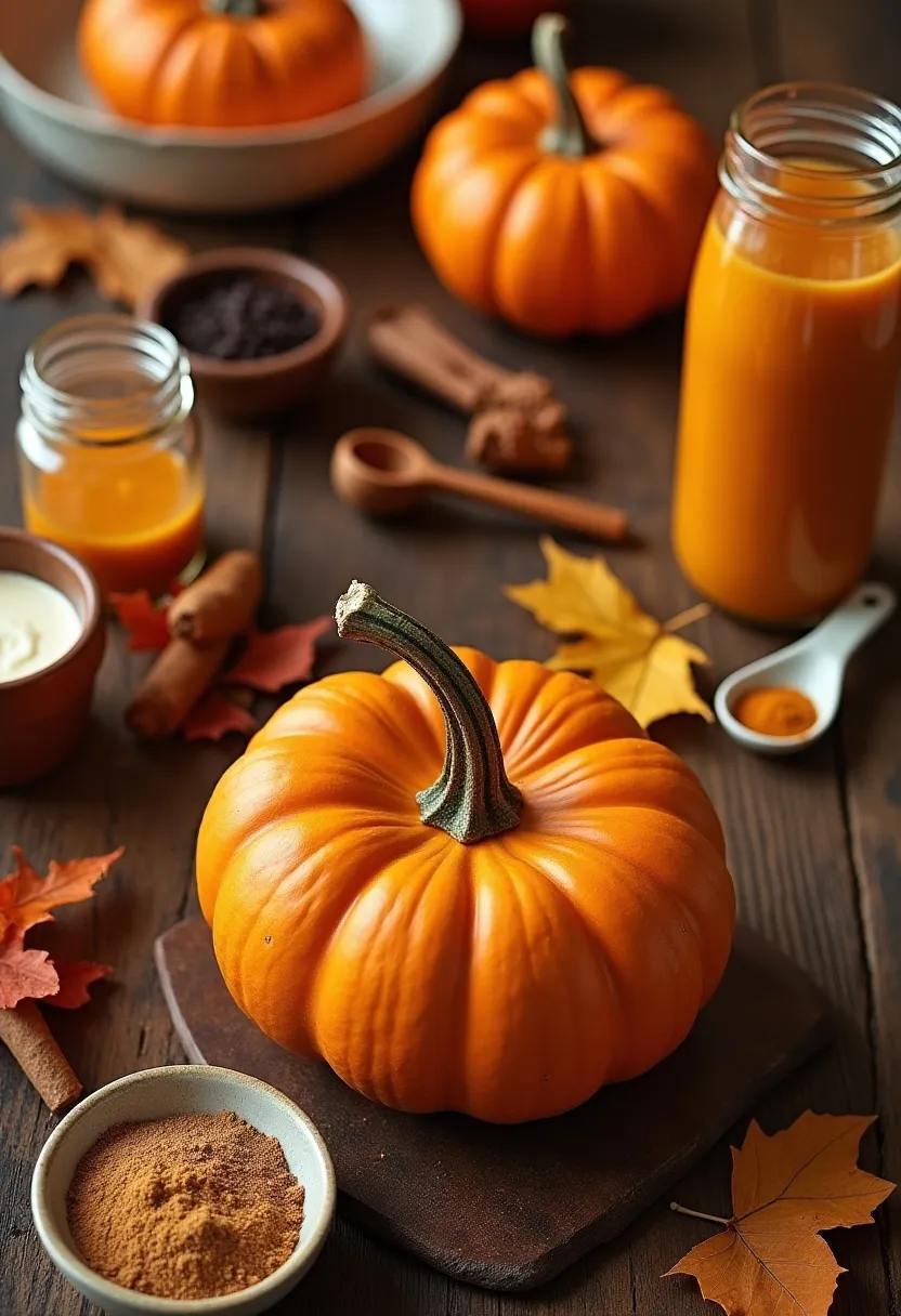 Collage of sugar pumpkins, pumpkin purée, spices, and baking tools on a rustic autumn table.