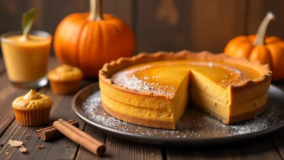 Assorted pumpkin desserts on a rustic table with autumn leaves and pumpkins, perfect for fall.