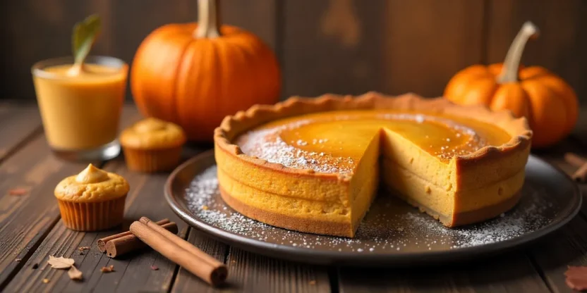Assorted pumpkin desserts on a rustic table with autumn leaves and pumpkins, perfect for fall.