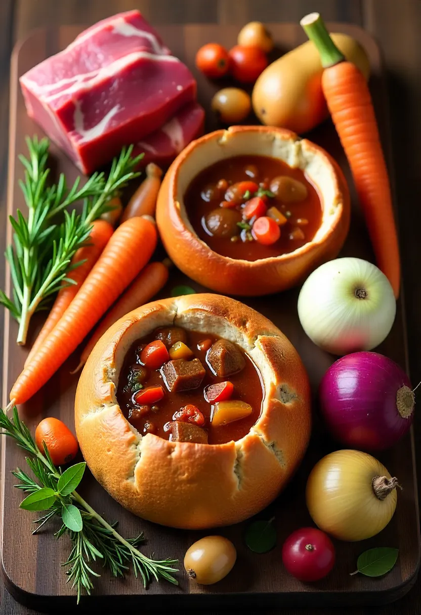 Collage of beef, vegetables, herbs, and a bread bowl for hearty stew preparation.