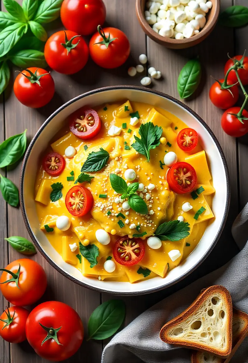 Collage of eggs, tomatoes, cheeses, herbs, vegetables, and breakfast extras for a Cheesy Tomato Scramble.