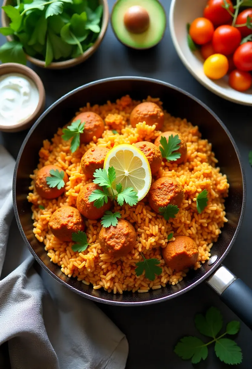 Skillet of Spanish meat and tomato rice with parsley, lemon, salad, roasted vegetables, yogurt, and avocado, showing serving ideas.