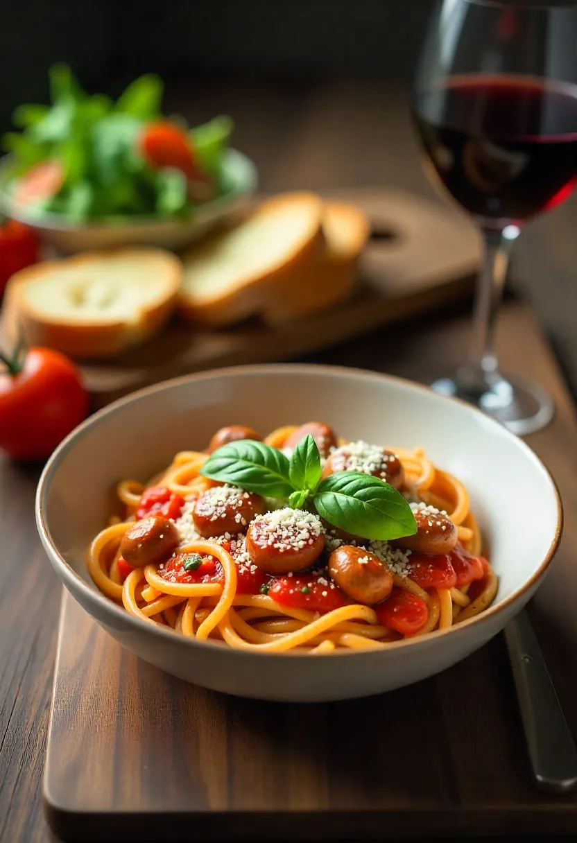 Plated sausage-tomato pasta with Parmesan, basil, bread, salad, and red wine on a rustic table.