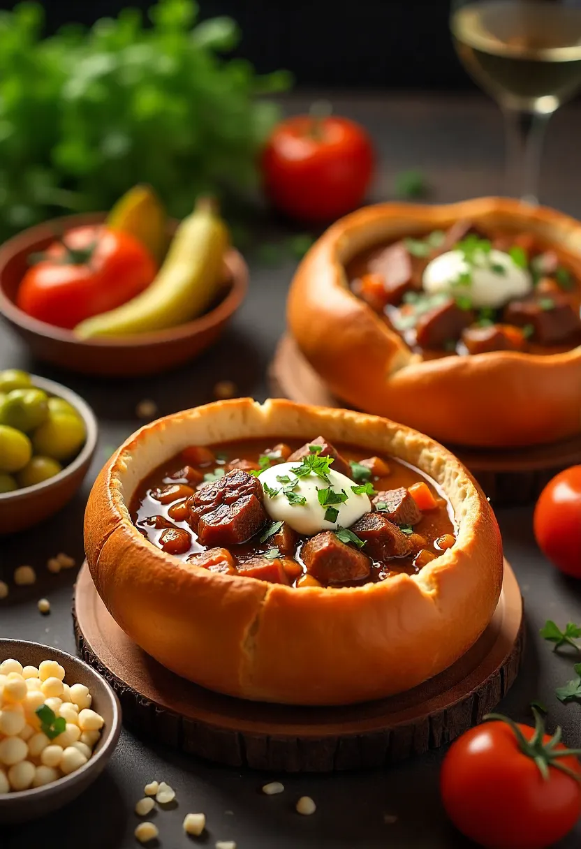 Beef stew in bread bowls with sides and a build-your-own topping bar in a cozy dining setup.