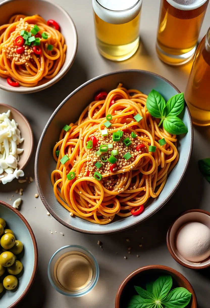 Collage of chili garlic noodles with sides, drinks, and desserts for serving and pairing.