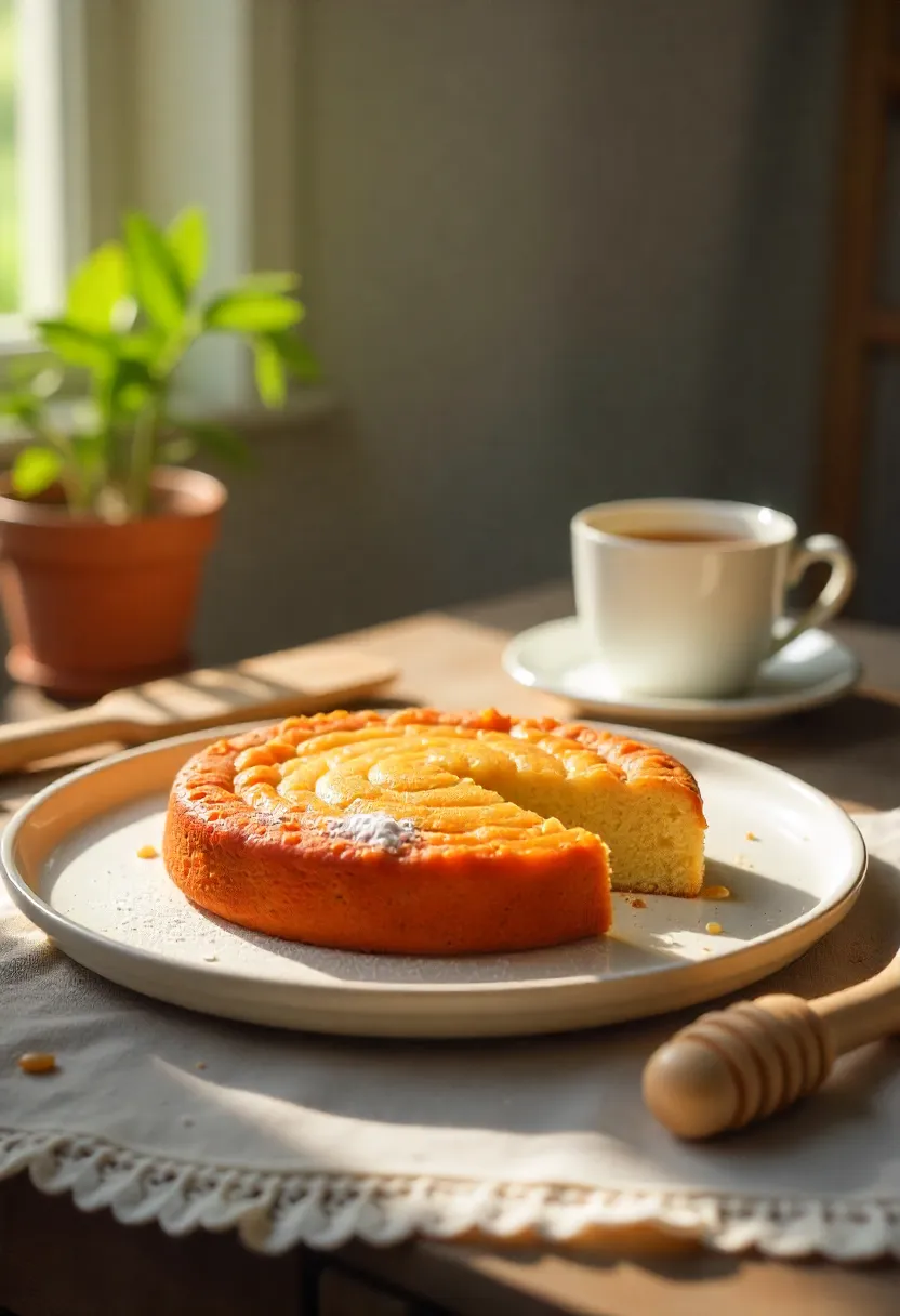 Homemade honey cake with tea and baking tools, evoking cozy family memories and warmth.