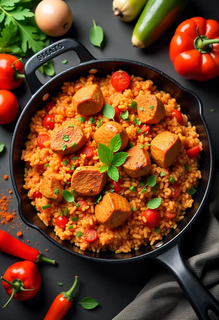 Skillet of Spanish-style meat and tomato rice surrounded by vegetables and spices in a rustic kitchen setting.