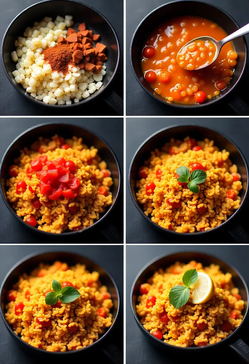 Collage of Spanish meat and tomato rice being cooked step by step, showing onions, meat, rice, spices, broth, and final garnished dish.