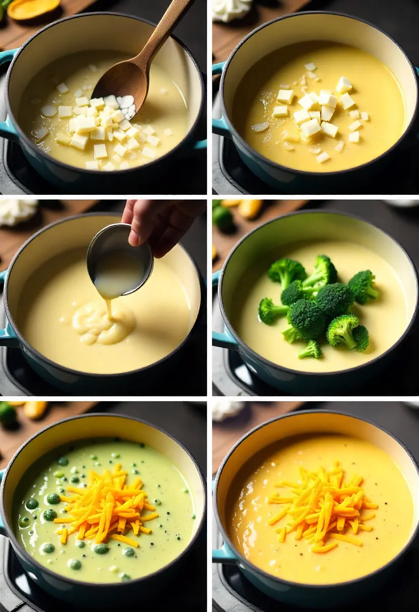 Collage showing the step-by-step preparation of creamy broccoli cheddar soup with ingredients and cooking process.