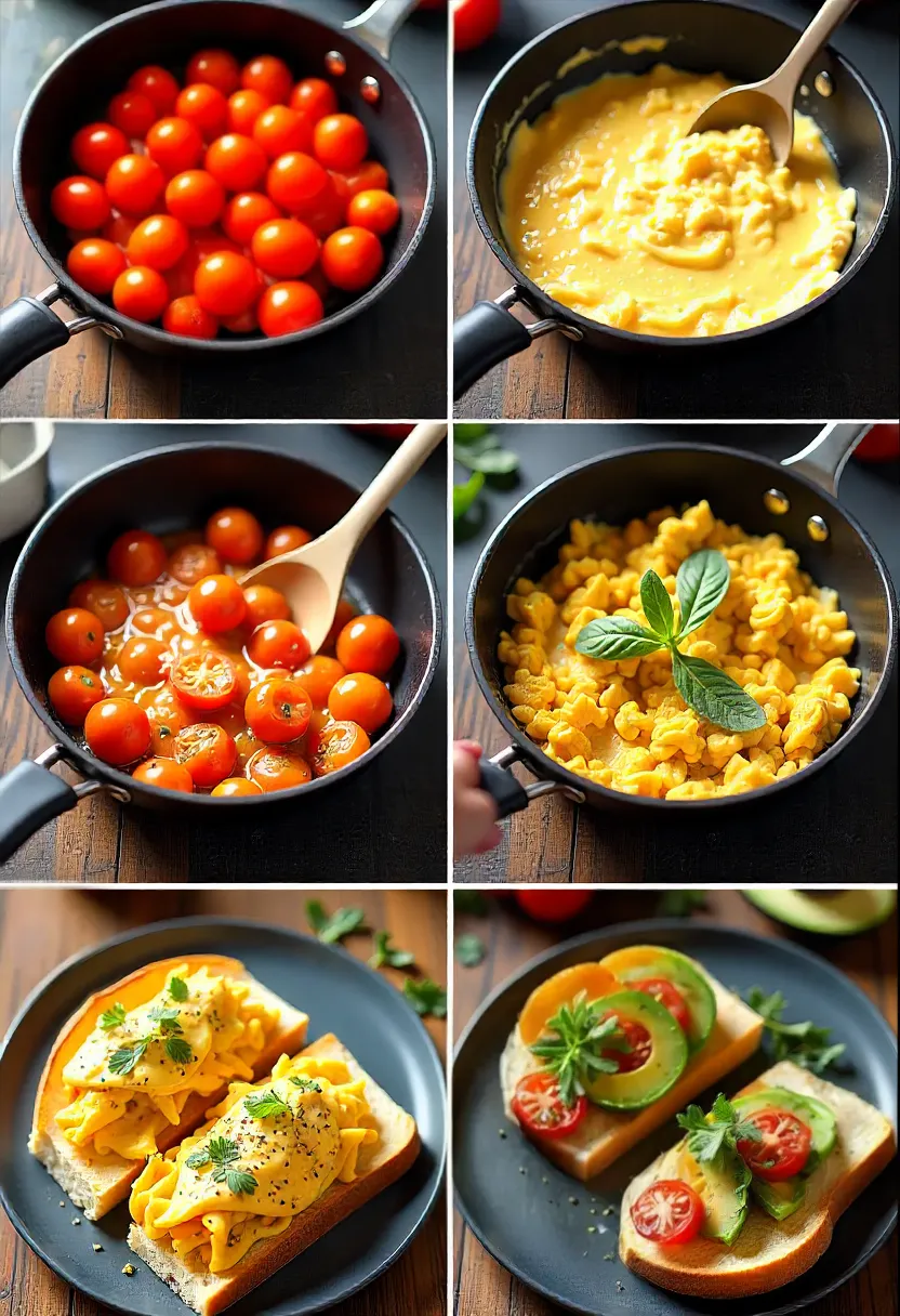 Step-by-step collage of preparing cheesy tomato scramble with tomatoes, cheese, eggs, add-ins, and serving ideas.