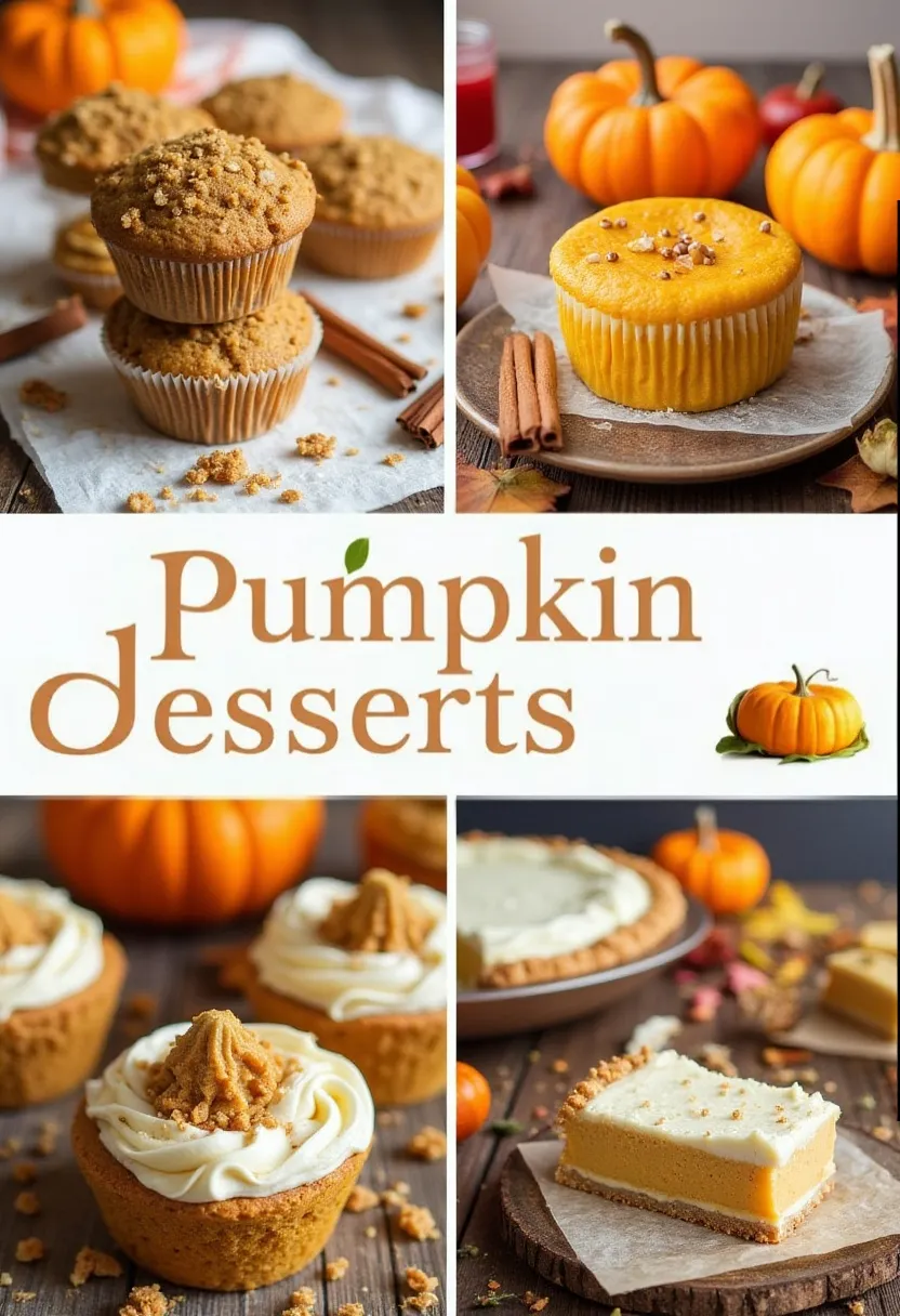Collage of gluten-free, vegan, and low-sugar pumpkin desserts on a rustic autumn table.