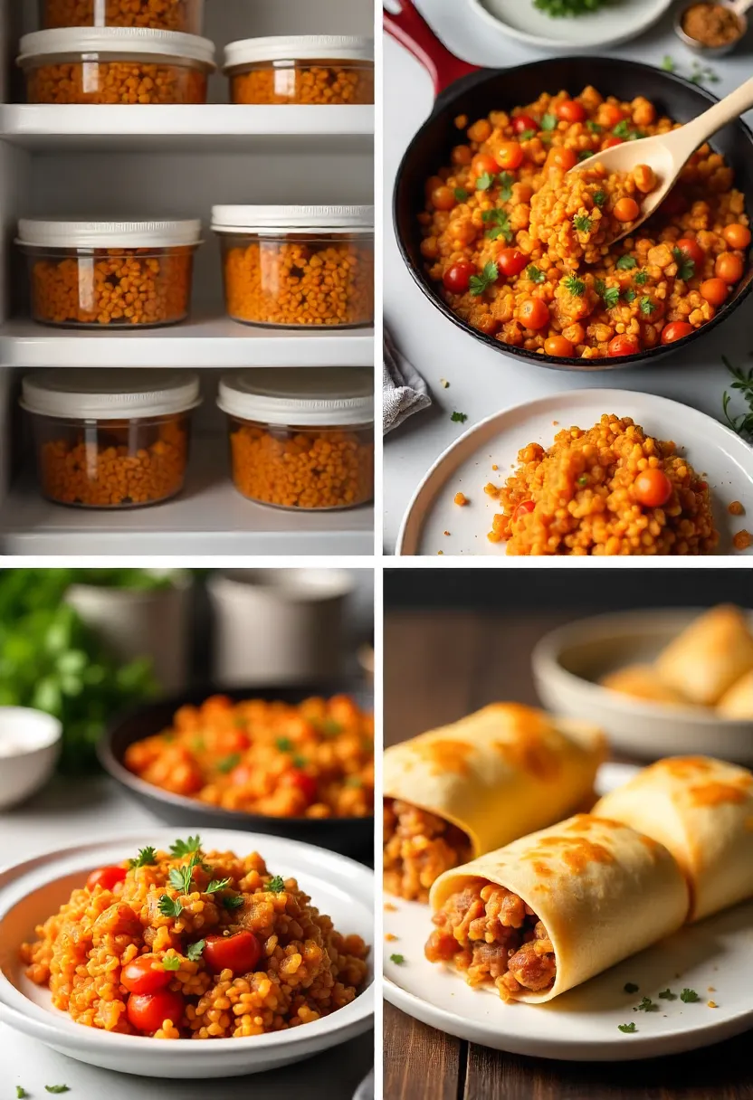 Containers and skillet of Spanish meat and tomato rice showing fridge, freezer storage, reheating, and leftover meal ideas.