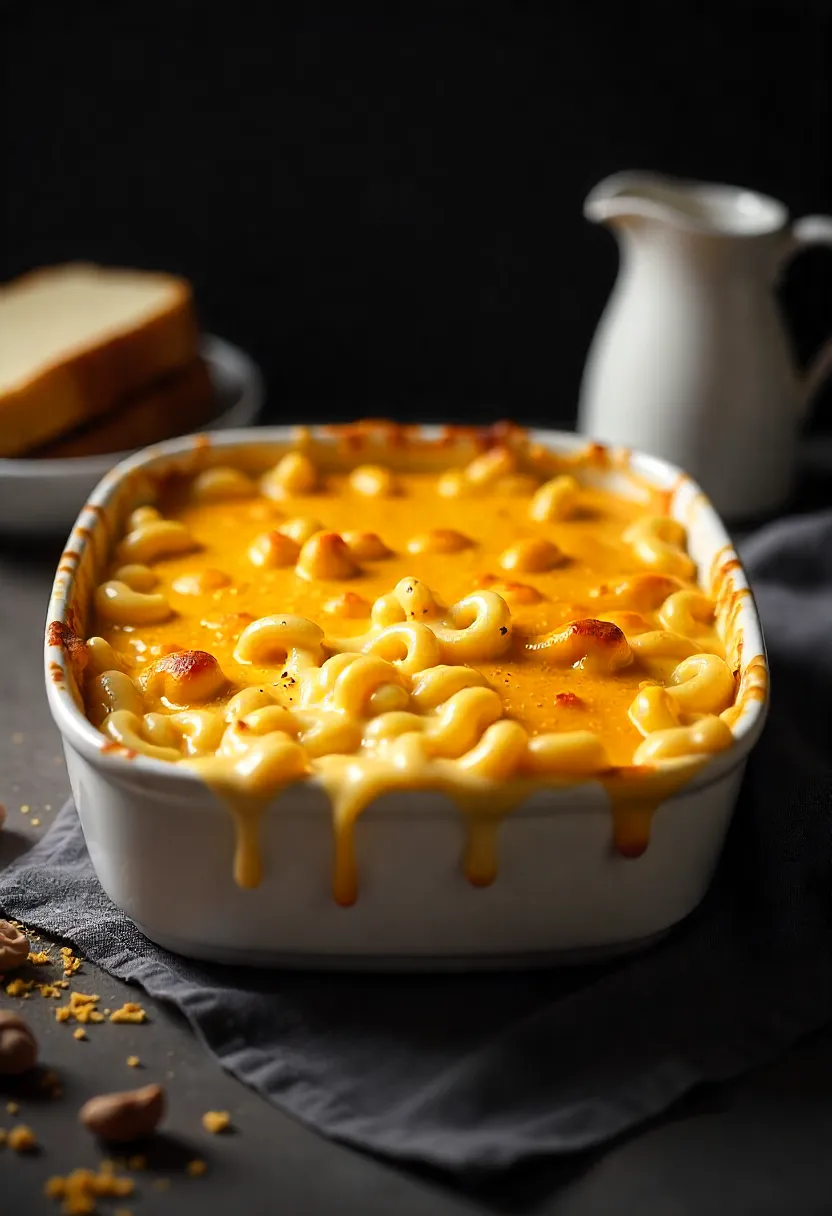 Homemade mac and cheese in a golden, bubbling dish with cream nearby.
