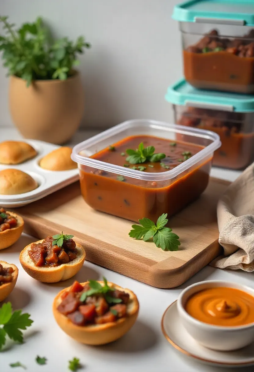 Leftover beef stew in containers, frozen portions, and bread bowls with creative storage ideas.