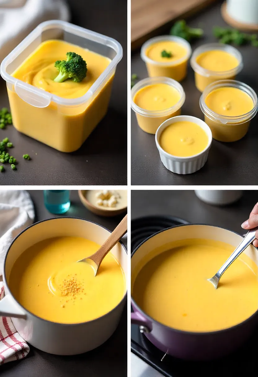Collage showing broccoli cheddar soup in the fridge, freezer, and being gently reheated on the stove.