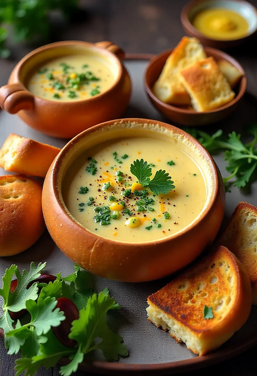 Collage showing broccoli cheddar soup served in a bread bowl, with garlic toast, salad, and a grilled cheese sandwich.