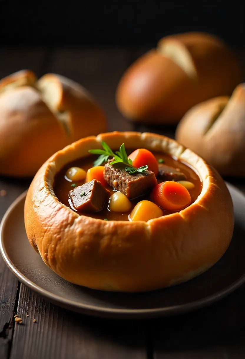 Rustic beef stew served in a bread bowl with herbs and vegetables, cozy kitchen setting.