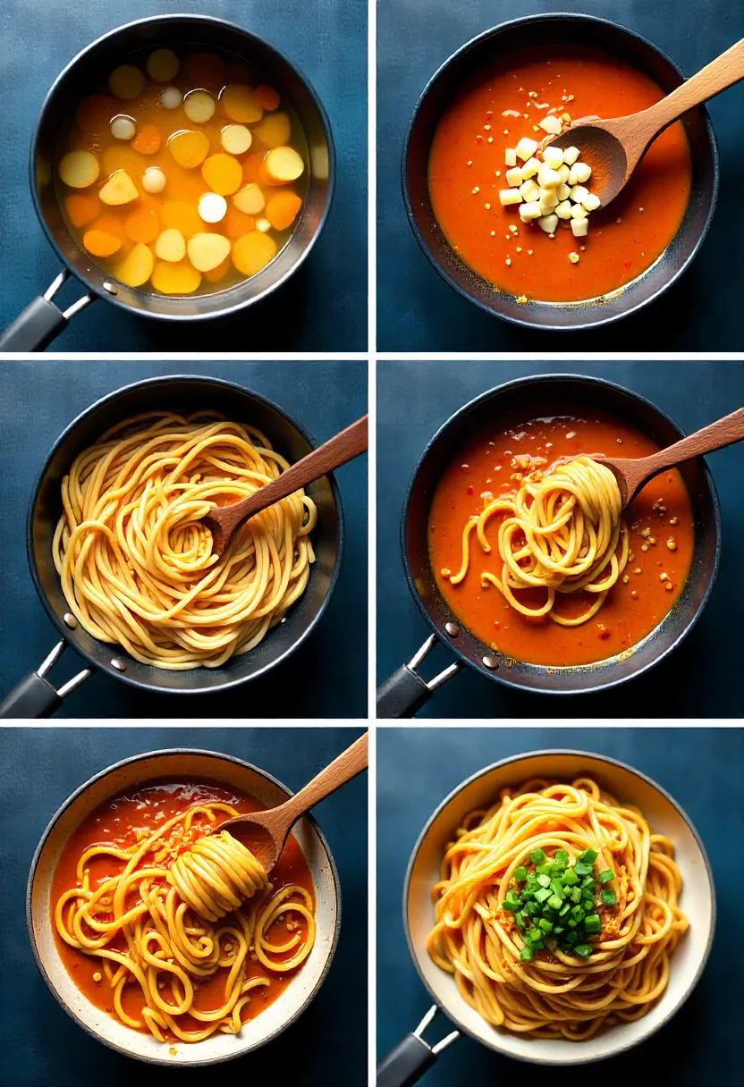 Collage of step-by-step chili garlic noodle preparation from boiling noodles to garnishing.