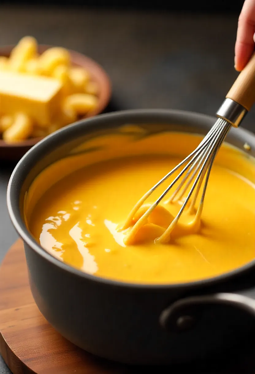 Collage of creamy mac and cheese being prepared, topped, and baked to golden perfection.
