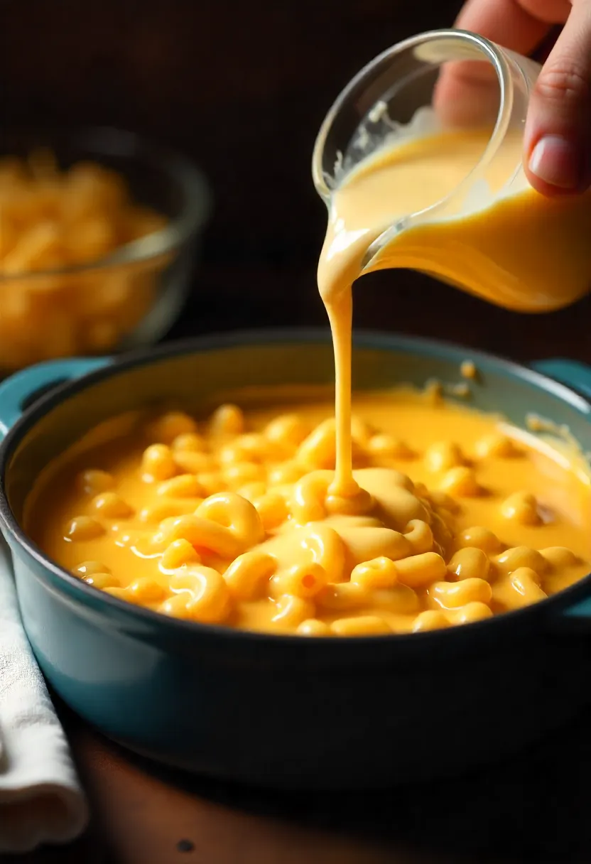 Creamy mac and cheese with shredded cheese and golden bubbling sauce.