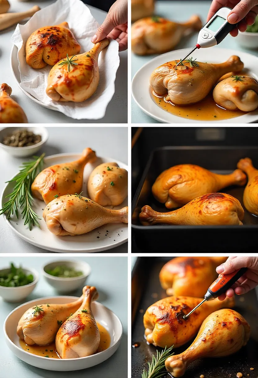 Collage of tips for making crispy, juicy herb-roasted chicken legs with herbs, thermometer, and pan-basting.