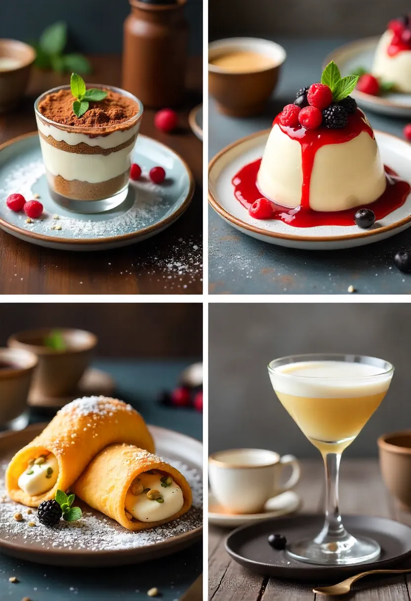 Traditional Italian desserts including tiramisu, panna cotta, cannoli, and zabaglione on a rustic wooden table.