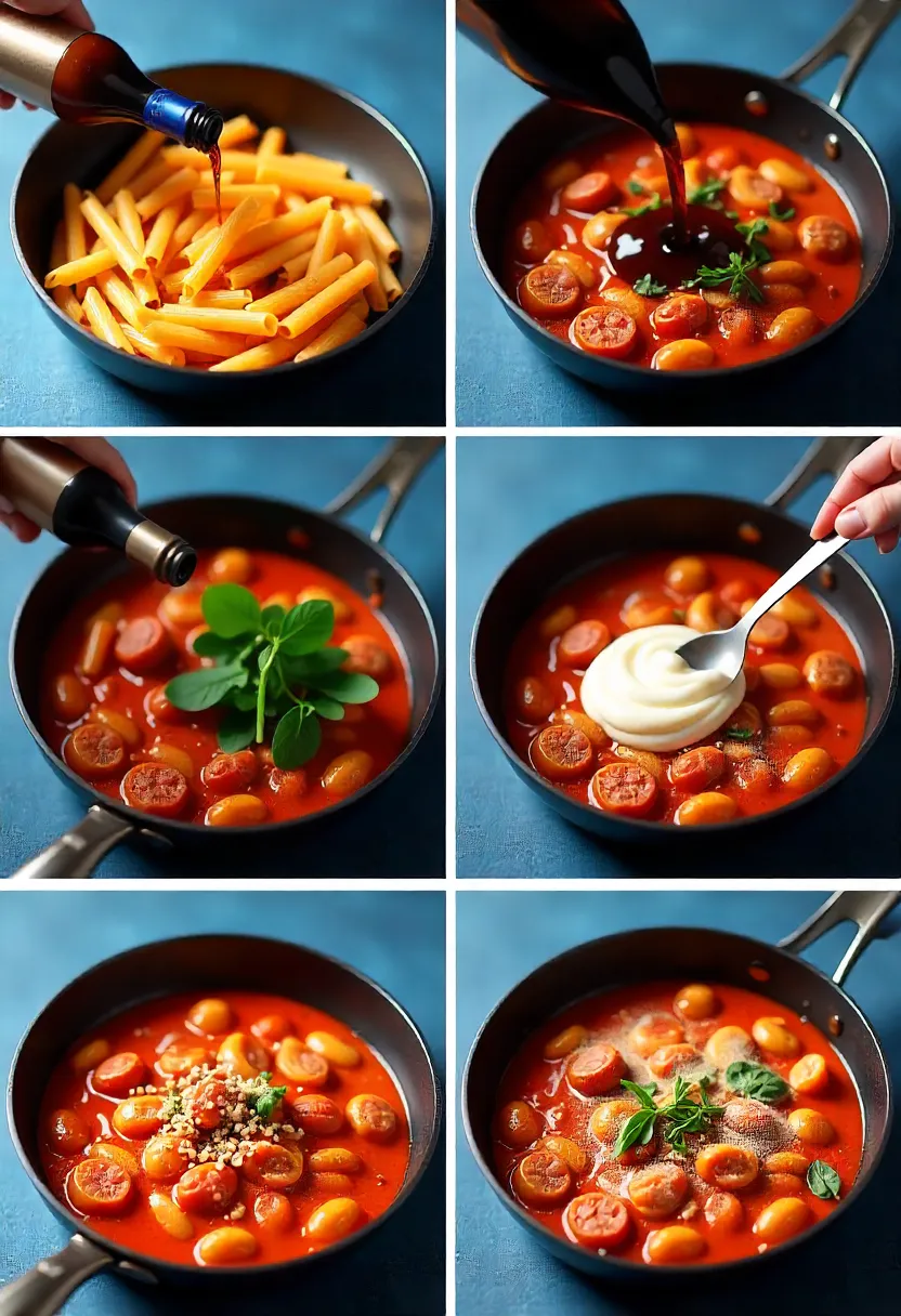 Collage of sausage-tomato pasta tips: cooking, wine, greens, cream, toppings, and chilli.