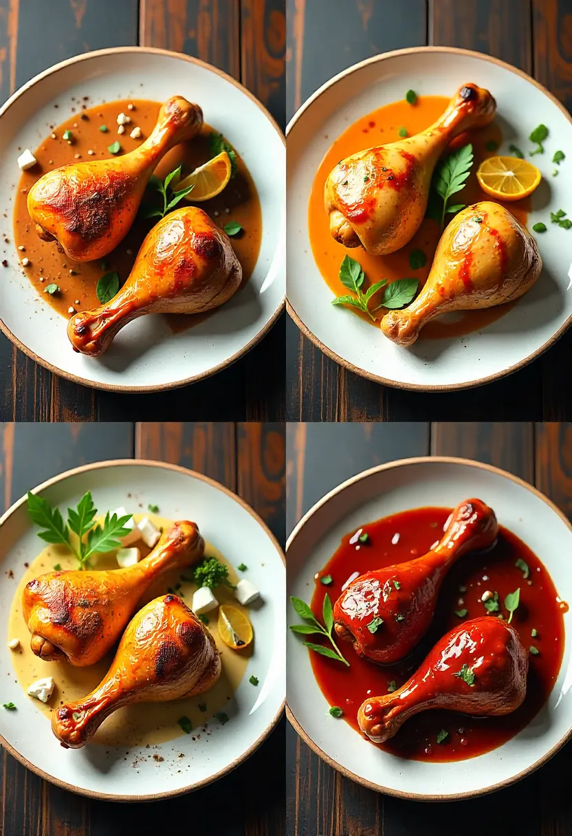 Collage of roasted chicken legs in different flavor variations: Cajun, Mediterranean, Asian, and BBQ.