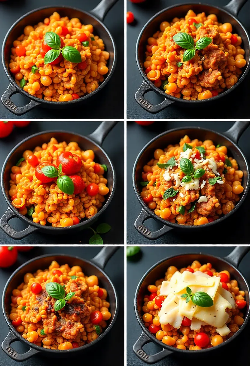 Collage showing Spanish meat and tomato rice variations with vegetables, lentils, jalapeños, and melted cheese.