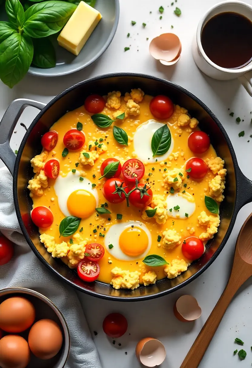 Collage of a cheesy tomato scramble with eggs, melted cheese, tomatoes, herbs, and breakfast ingredients on a sunlit kitchen table.