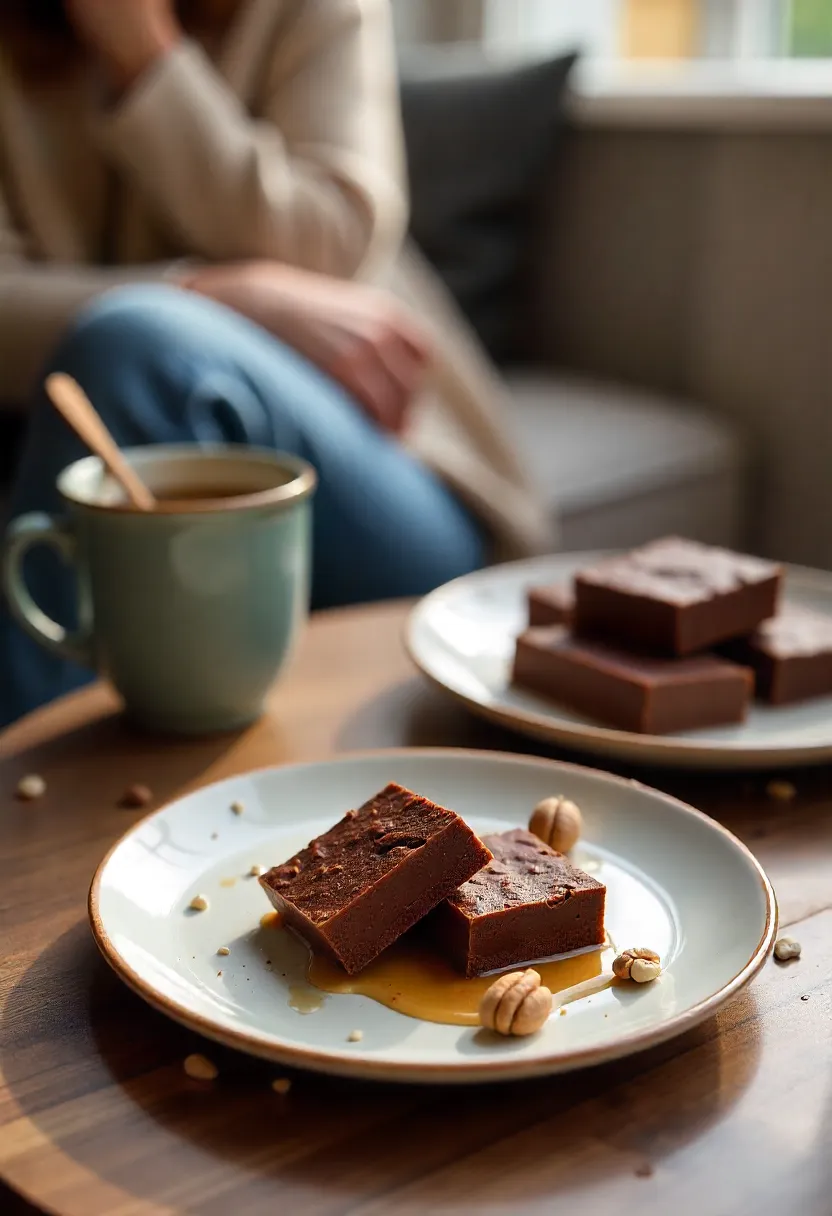 No-bake cacao dessert squares on a plate, cozy blanket, tea, and a larger batch on the table for sharing.