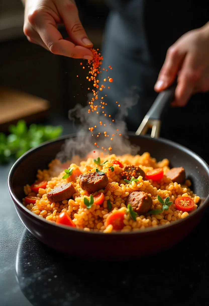 Skillet of Spanish meat and tomato rice showing steaming rice, meat, vegetables, and garnishes, highlighting one-pan cooking and homey comfort.