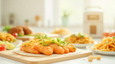 Modern kitchen with an air fryer and colorful healthy dishes like fries, salmon, and veggies on a bright counter, symbolizing easy air fryer cooking.