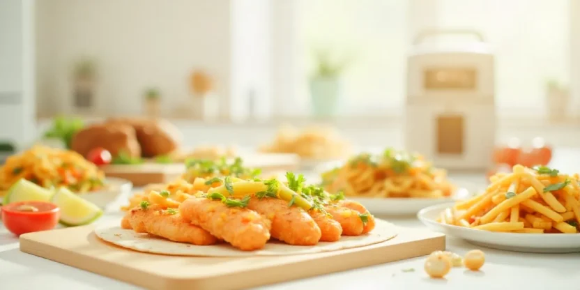 Modern kitchen with an air fryer and colorful healthy dishes like fries, salmon, and veggies on a bright counter, symbolizing easy air fryer cooking.