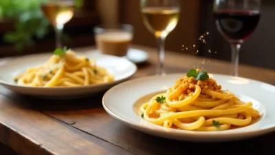 Fettuccine Alfredo and Spaghetti Carbonara served side by side on a rustic Italian table with wine and Parmesan cheese.