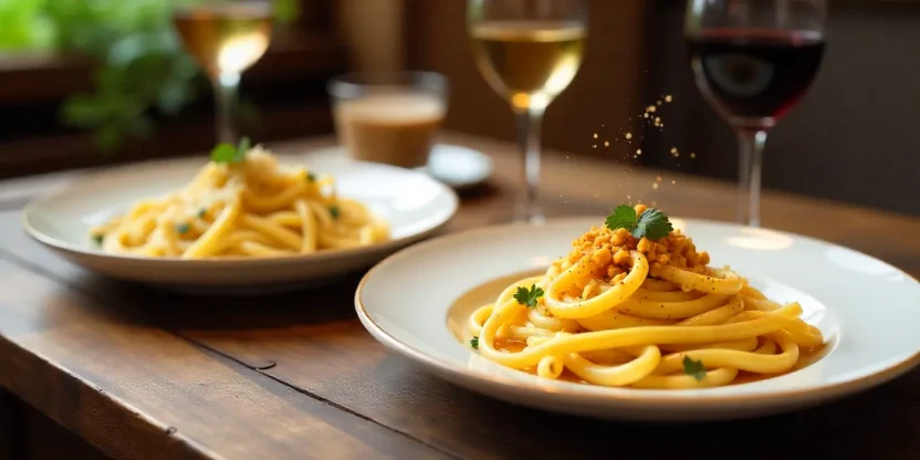 Fettuccine Alfredo and Spaghetti Carbonara served side by side on a rustic Italian table with wine and Parmesan cheese.